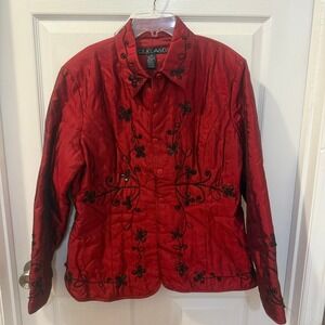 Vtg Silkland XL Ruby Red 100% Silk Jacket Floral Embroidered Beaded Quilted Coat
